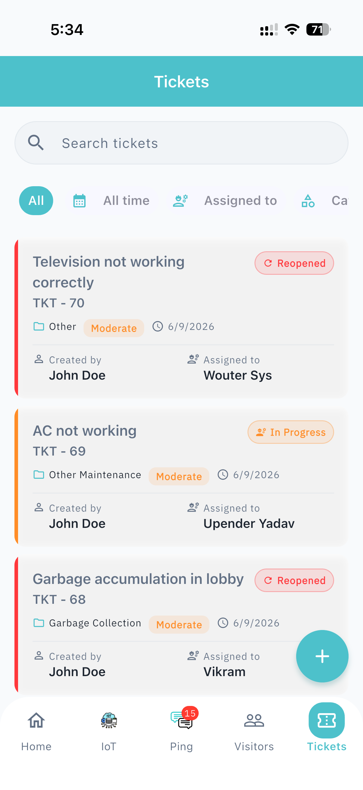 Tickets list — search, filters, and open jobs